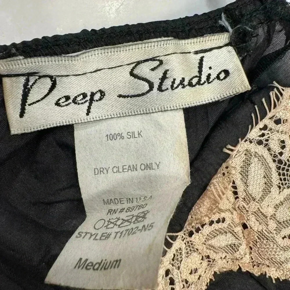 Peep studio 100% silk camisole black with cream lace adjustable straps Sz med - Picture 7 of 9